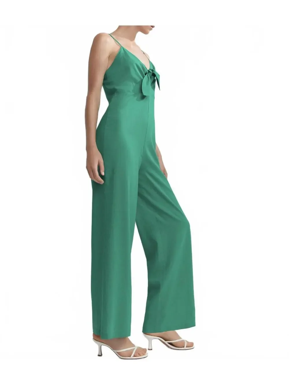 Mango Bow Linen Jumpsuit Green NWT XS